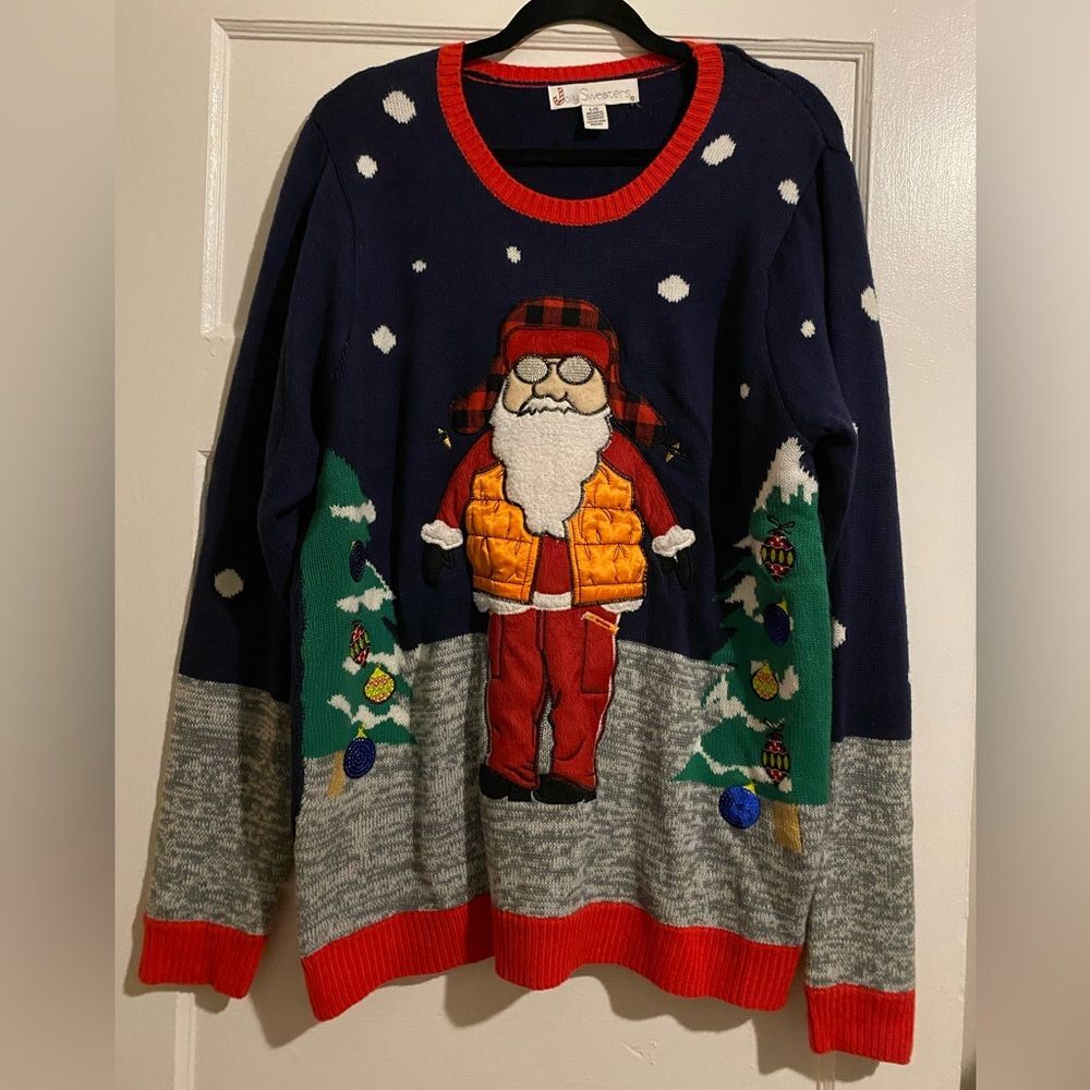 Jolly Sweaters Santa Deer Hunting Orange Vest Embroidered Ugly Christmas Sweater